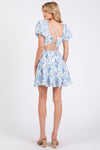 Blue and White Chinoiserie Fruit Pattern Puff Sleeve Mini Dress