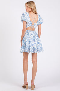 Blue and White Chinoiserie Fruit Pattern Puff Sleeve Mini Dress