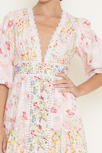 Pink Floral Print Crochet Hem Mini Dress