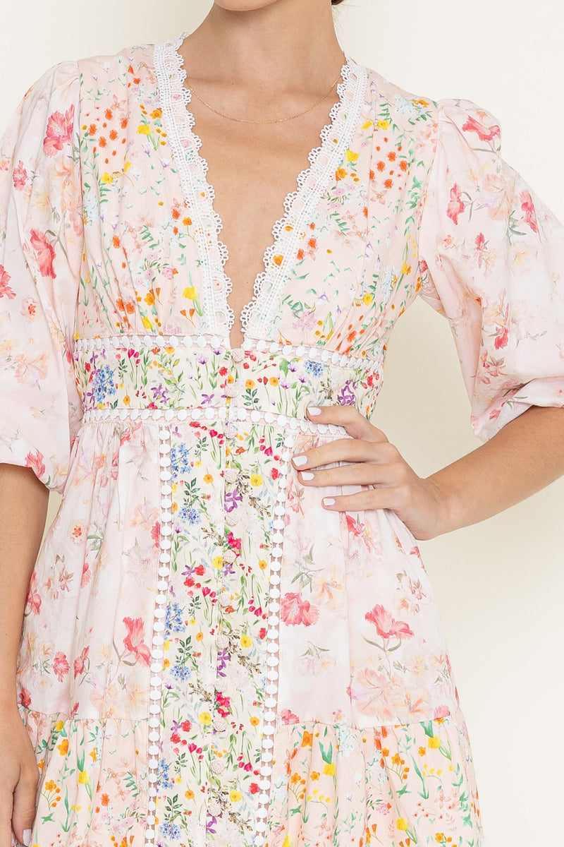 Pink Floral Print Crochet Hem Mini Dress