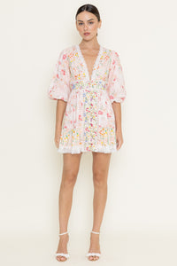 Pink Floral Print Crochet Hem Mini Dress