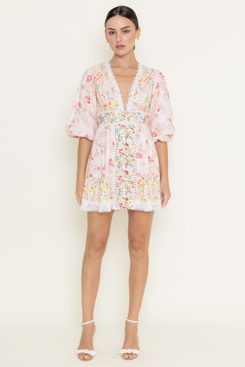 Pink Floral Print Crochet Hem Mini Dress