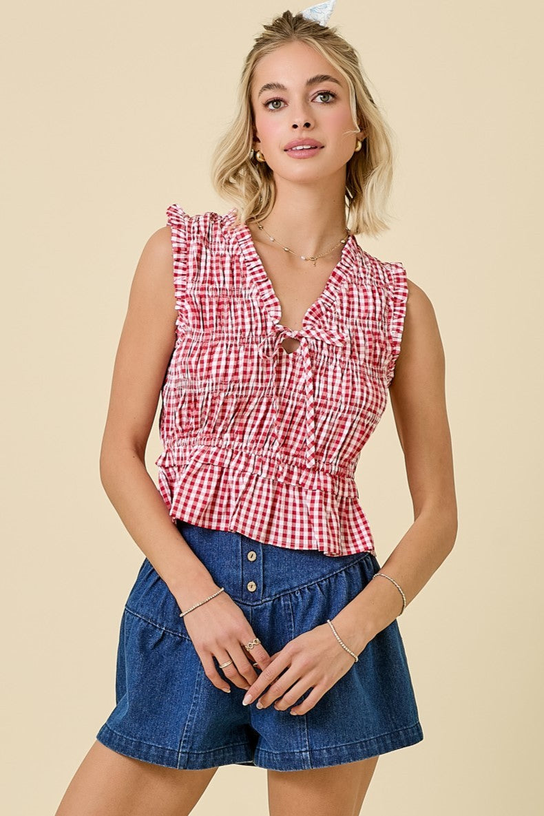 Red Gingham Smocked Tank Top With Front Ties
