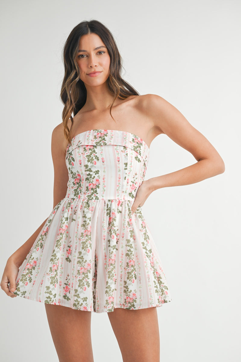 Pink Coquette Floral Printed Strapless Romper