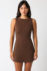 Brown Boatneck Mini Dress