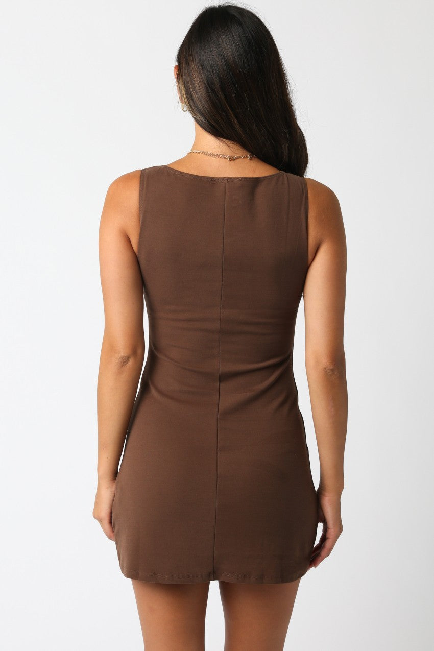 Brown Boatneck Mini Dress