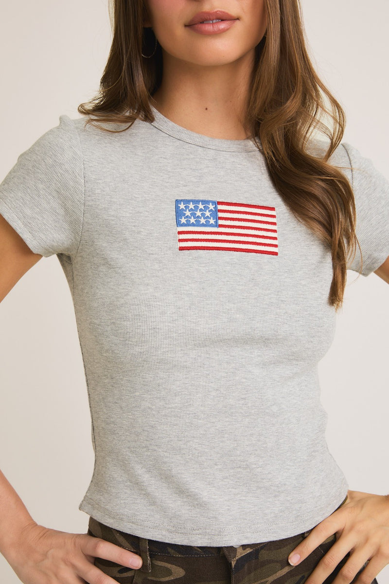 Grey USA Embroidered Flag Baby Tee