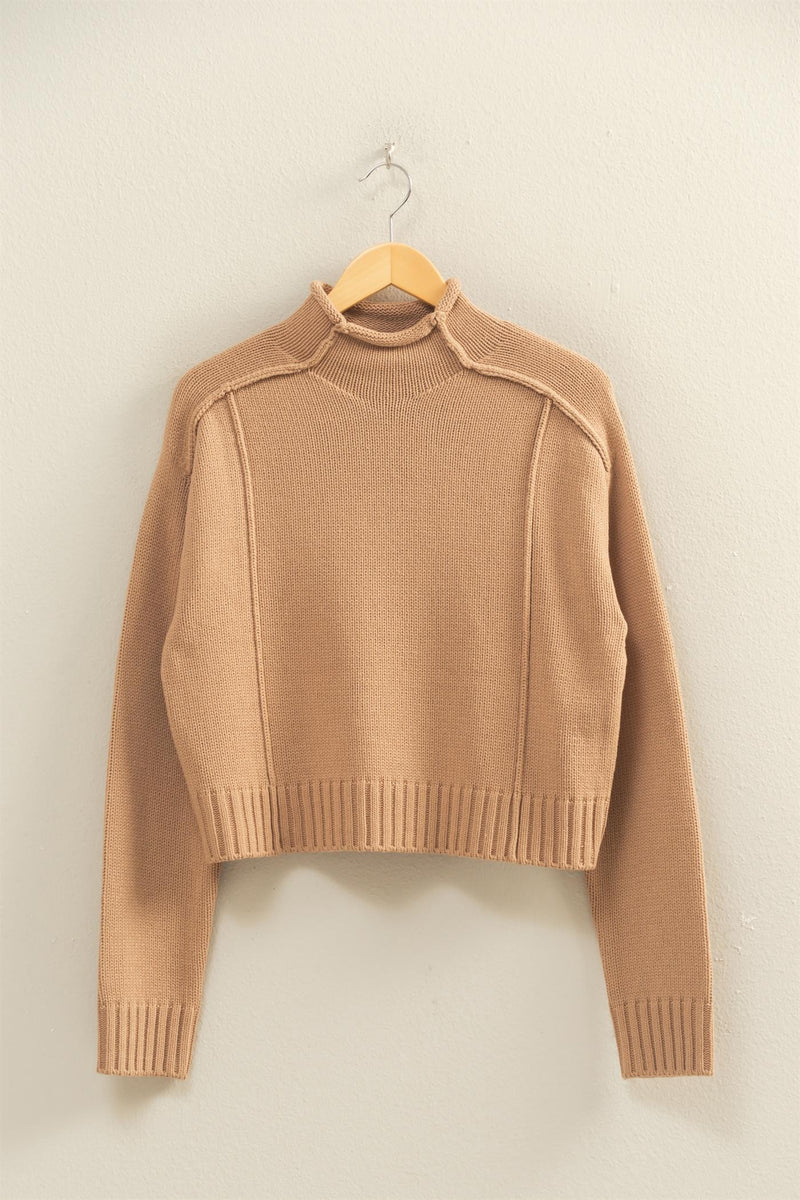 Taupe Exposed Seams Mock Neck Sweater