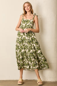 Tropical Greenery Print Maxi Dress With Tie Straps