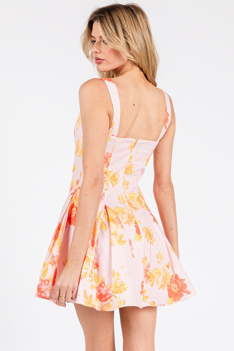 Pink and Orange Floral Bustier Mini Dress