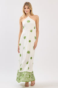 Tropic Threads Green Embroidered Halter Maxi Dress