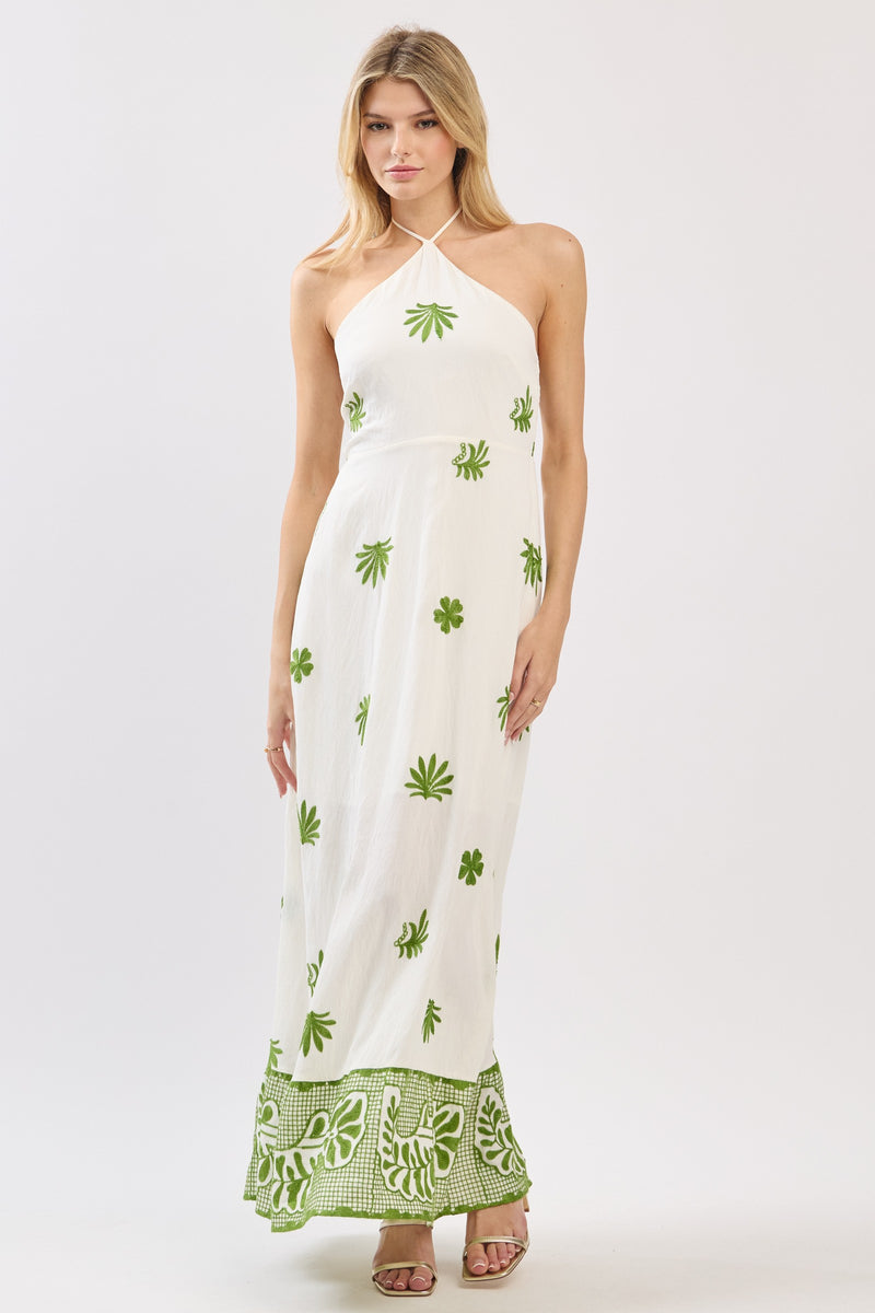 Tropic Threads Green Embroidered Halter Maxi Dress