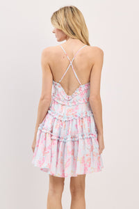 Blue Floral Ruffle Detail Mini Dress