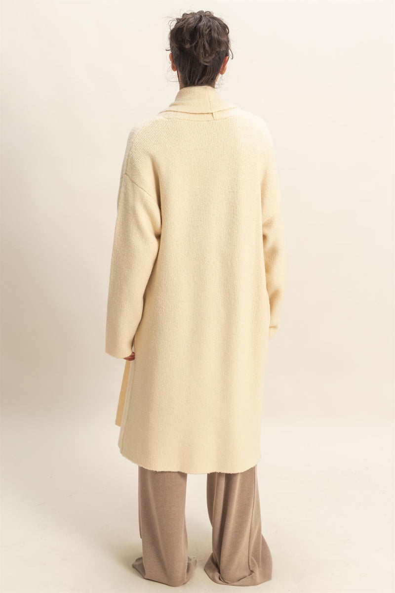 Beige Longline Open Front Knit Cardigan