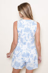 Blue and White Floral Pleated Denim Front Tie Romper
