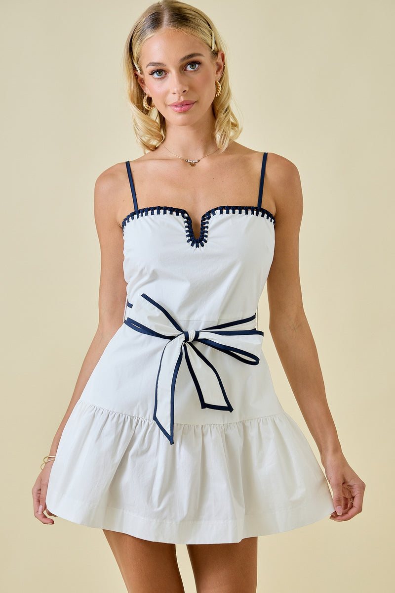 White and Navy Poplin Drop Waist Mini Dress With Contrasting Stitch