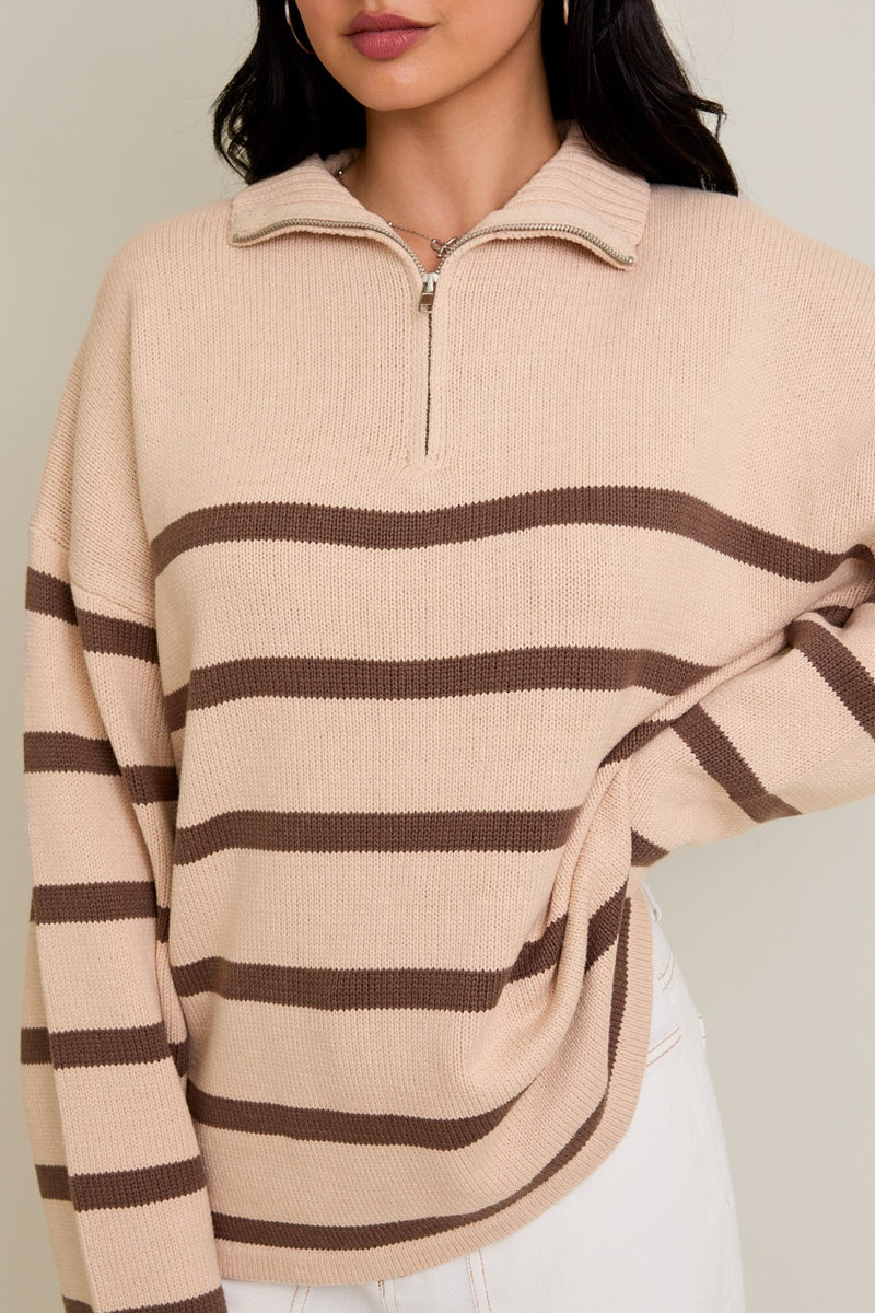 Brown Striped Quarter Zip Sweater