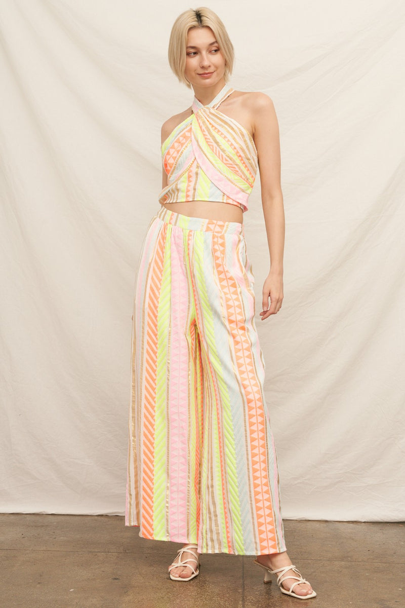 Neon and Gold Embroidered Halter Neck Pants Set