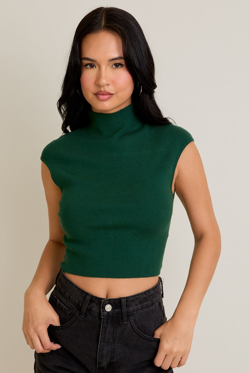Green Mock Neck Cap Sleeve Sweater Top