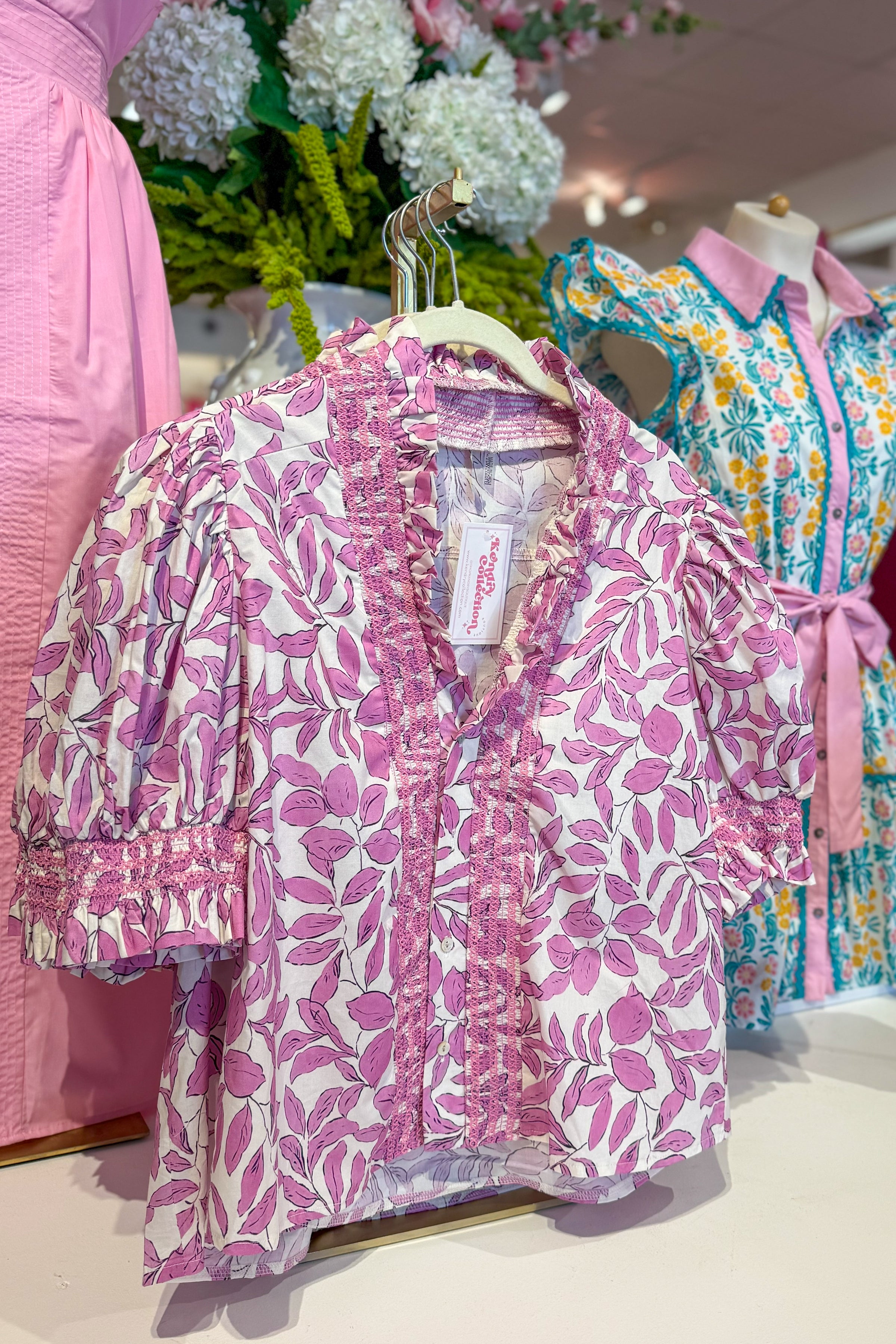 Pink Ruffle V-Neck Botanical Print Blouse - Kendry Collection Boutique