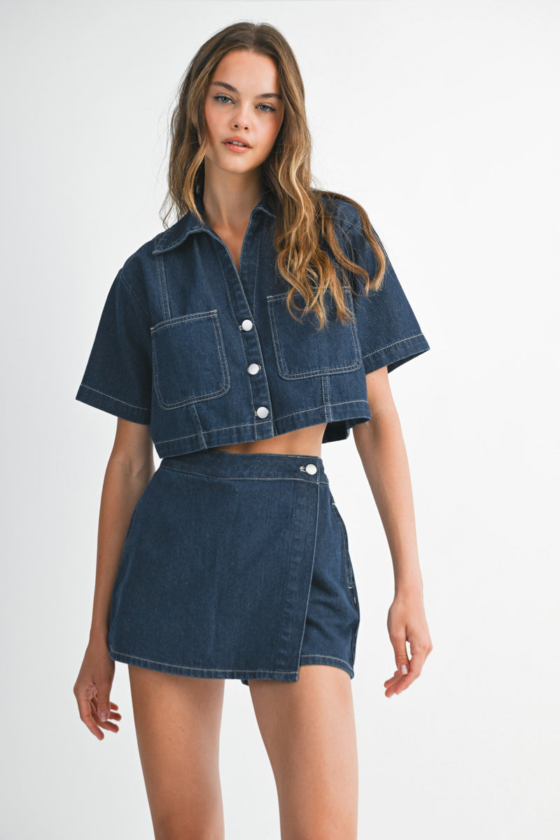 Dark Denim Short Sleeve Top and Wrap Skort Set