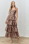 Olive Floral Tiered Ruffle Tie Sleeve Maxi Dress