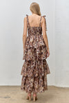 Olive Floral Tiered Ruffle Tie Sleeve Maxi Dress