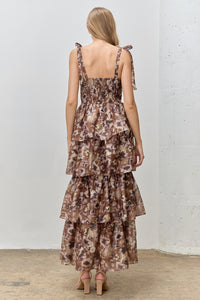 Olive Floral Tiered Ruffle Tie Sleeve Maxi Dress