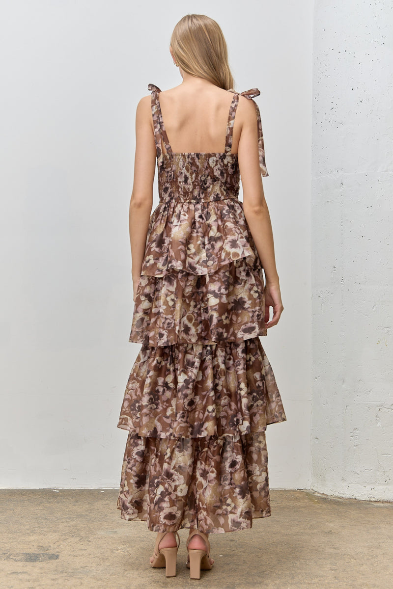 Olive Floral Tiered Ruffle Tie Sleeve Maxi Dress