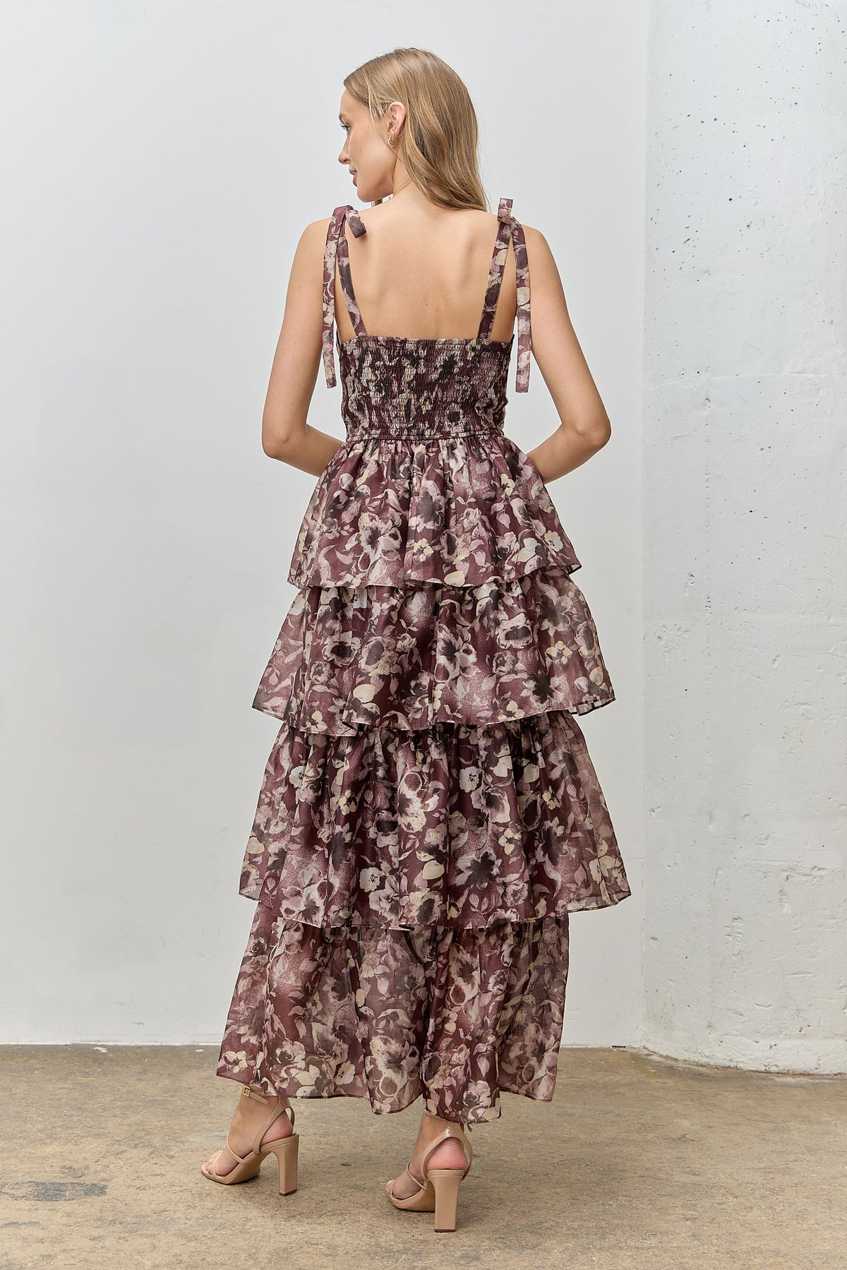 Plum Floral Tiered Ruffle Tie Sleeve Maxi Dress
