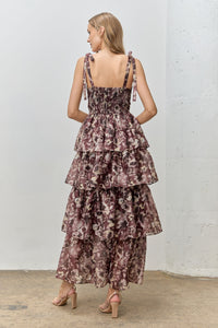 Plum Floral Tiered Ruffle Tie Sleeve Maxi Dress