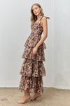 Olive Floral Tiered Ruffle Tie Sleeve Maxi Dress