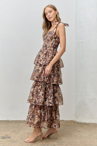 Olive Floral Tiered Ruffle Tie Sleeve Maxi Dress