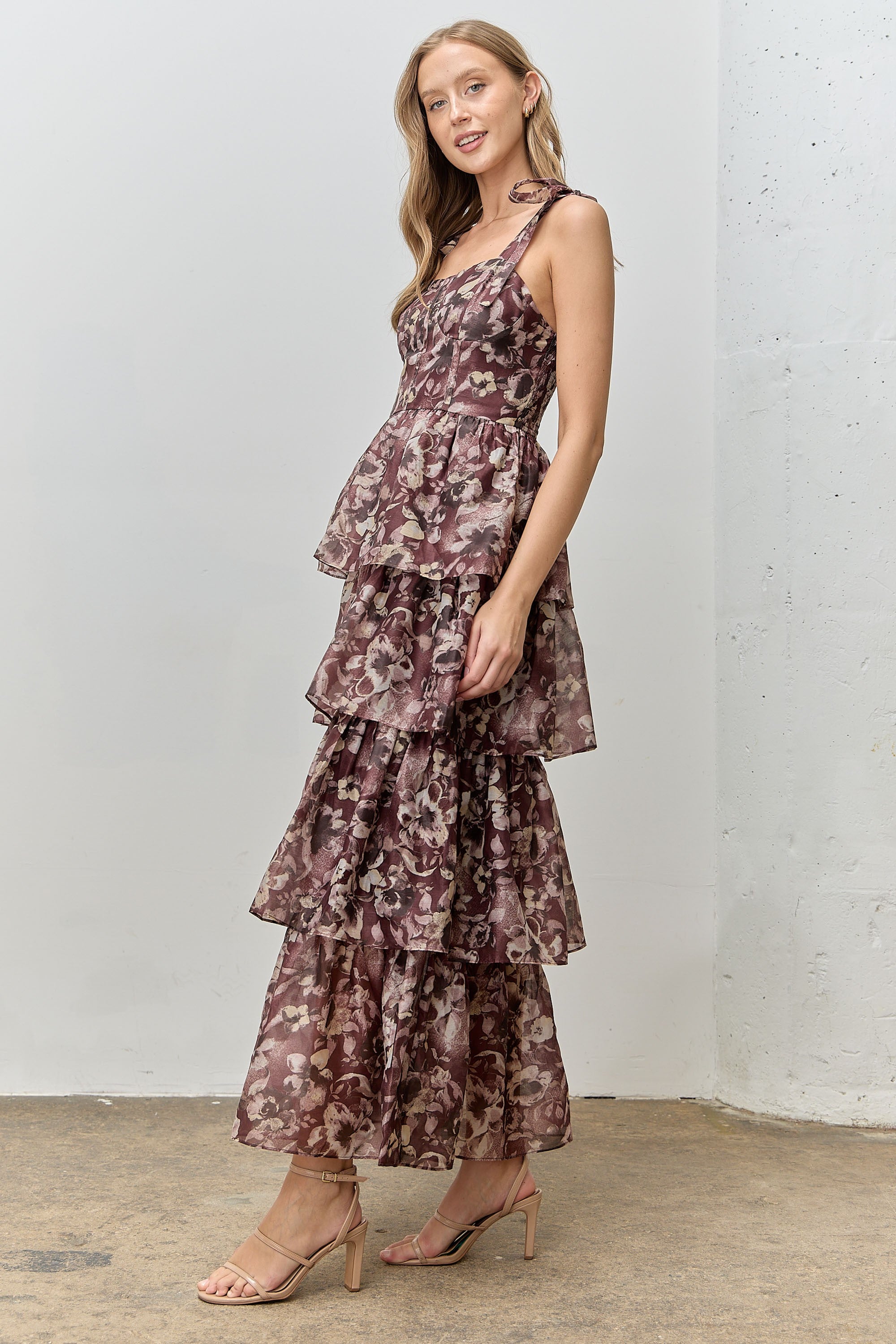 long dresses for fall Plum Floral Tiered Ruffle Tie Sleeve Maxi Dress