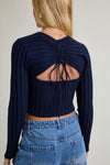 Navy Blue Ruched Back Cut Out Sweater
