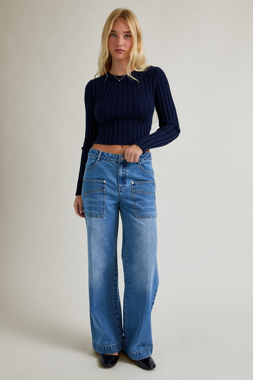 Navy Blue Ruched Back Cut Out Sweater