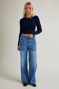 Navy Blue Ruched Back Cut Out Sweater