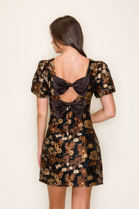 Black and Gold Jacquard Floral Mini Dress