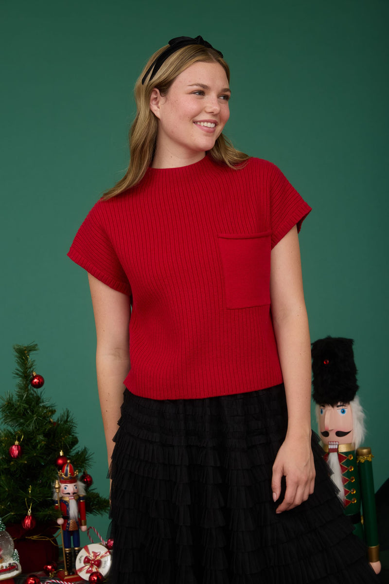 Red Mock Neck Ribbed Sweater Vest