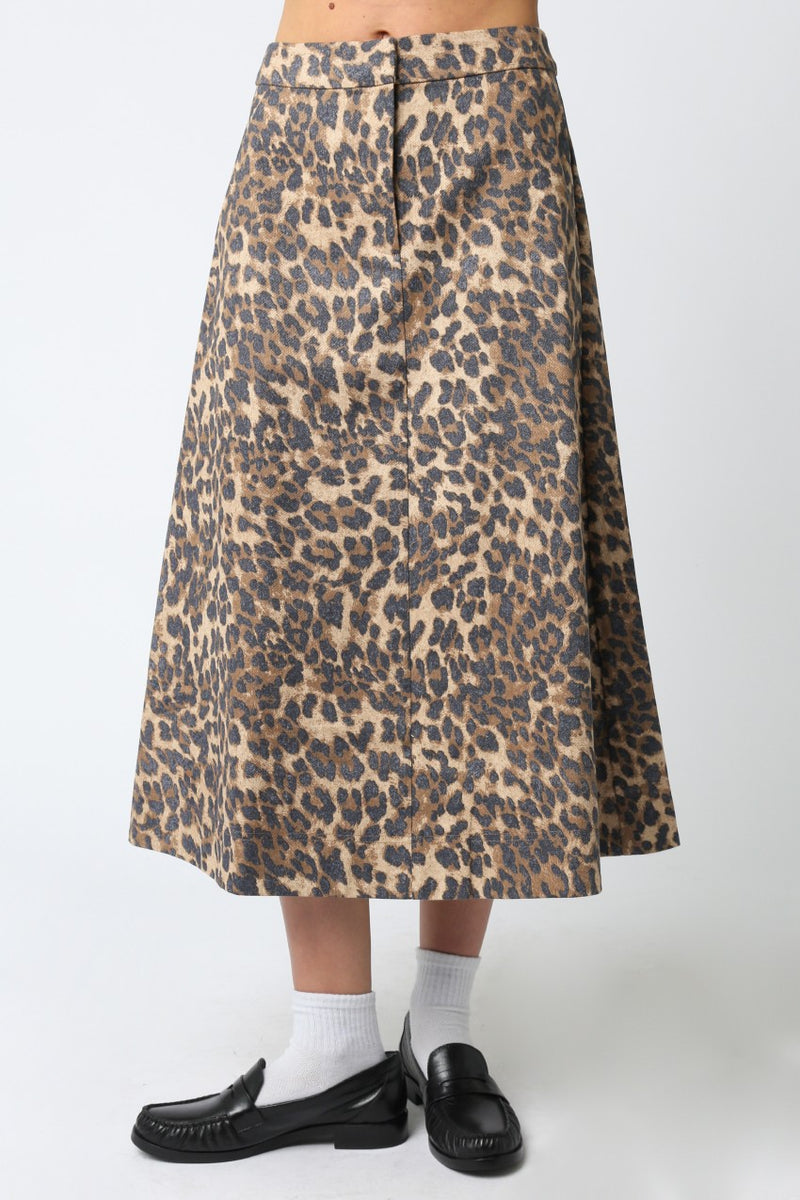 Leopard Denim Flared Midi Skirt