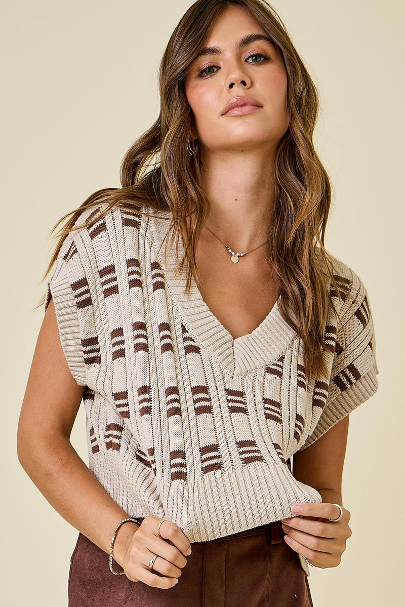 Brown V-Neck Cropped Knit Vest