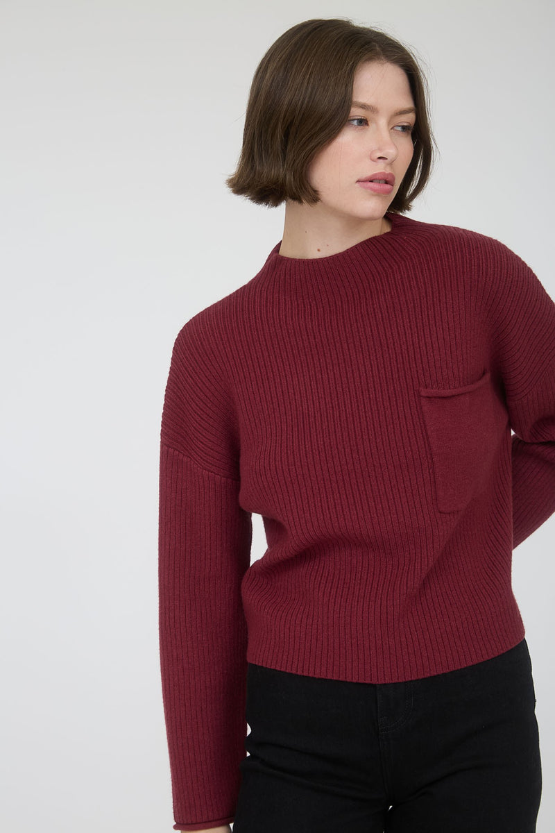 Burgundy Mock Neck Ribbed Sweater