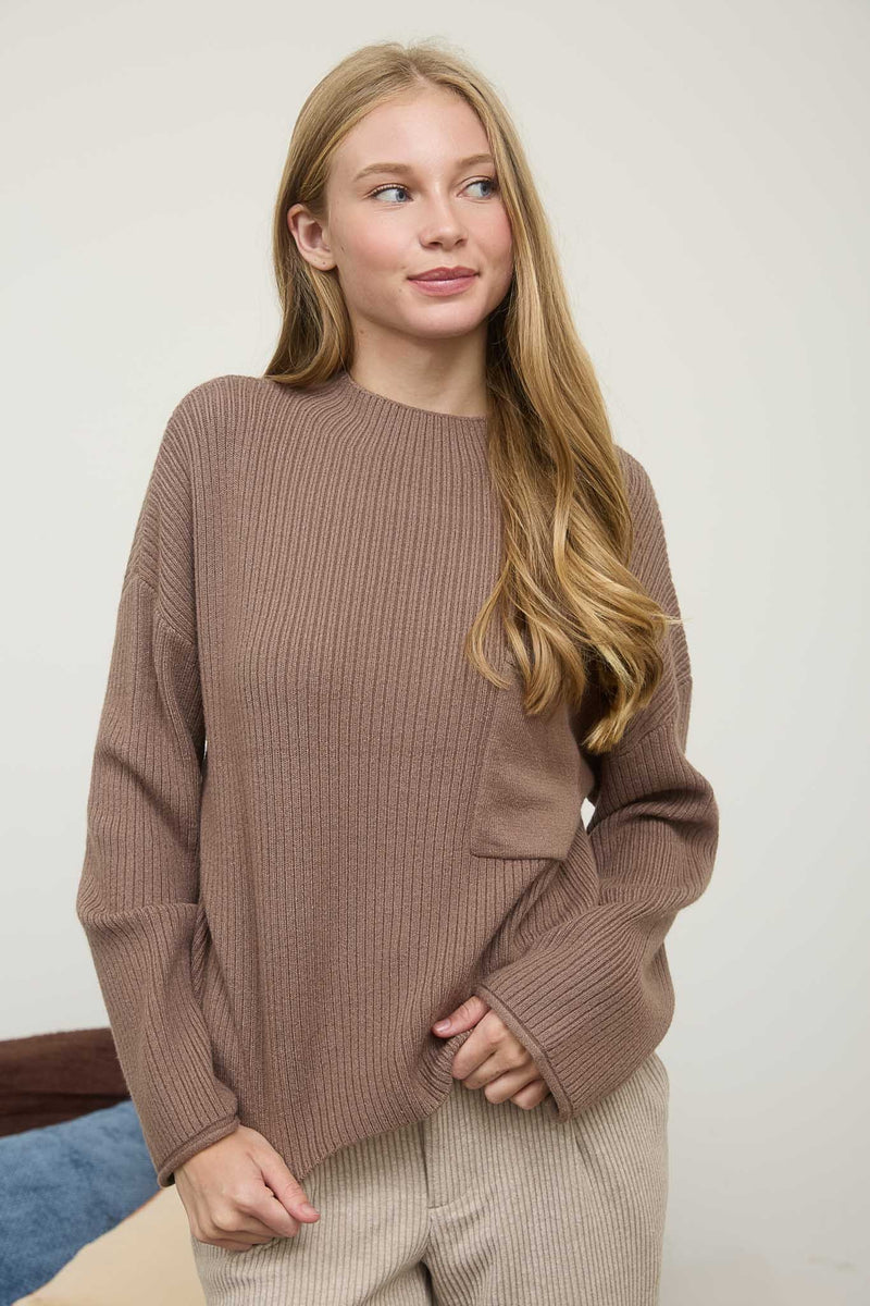 Mocha Mock Neck Ribbed Sweater