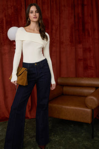 Ivory Asymmetrical Fold Over Long Sleeve Sweater