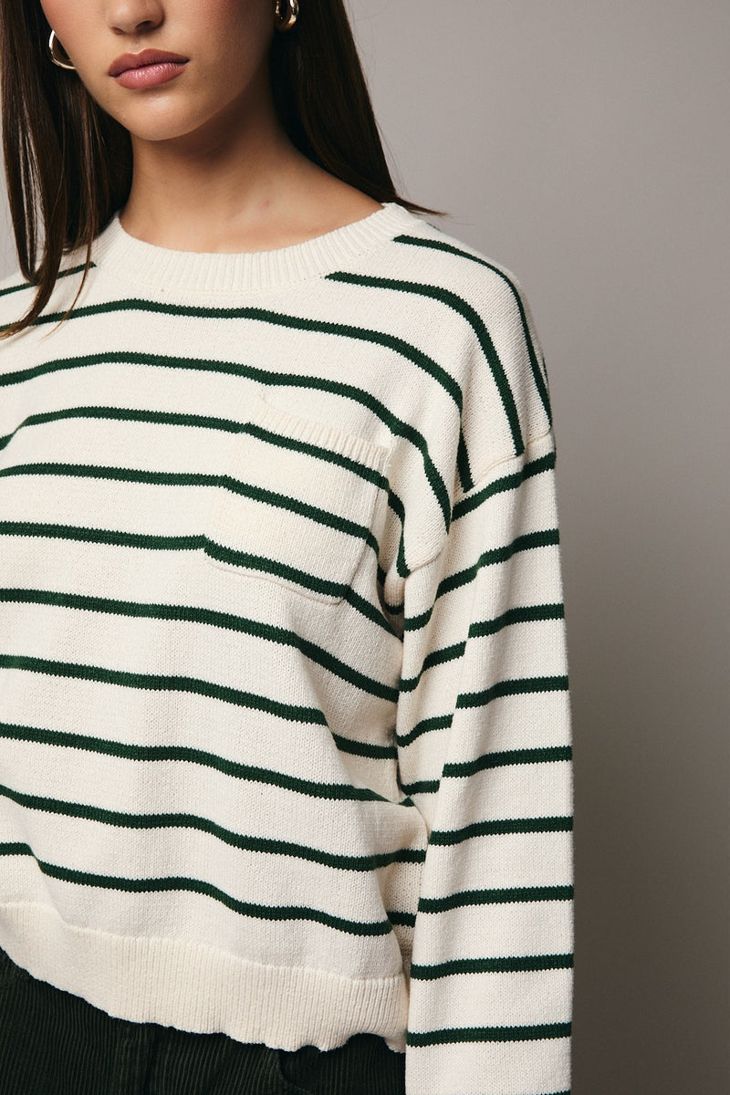 Green Striped Raglan Front Pocket Sweater