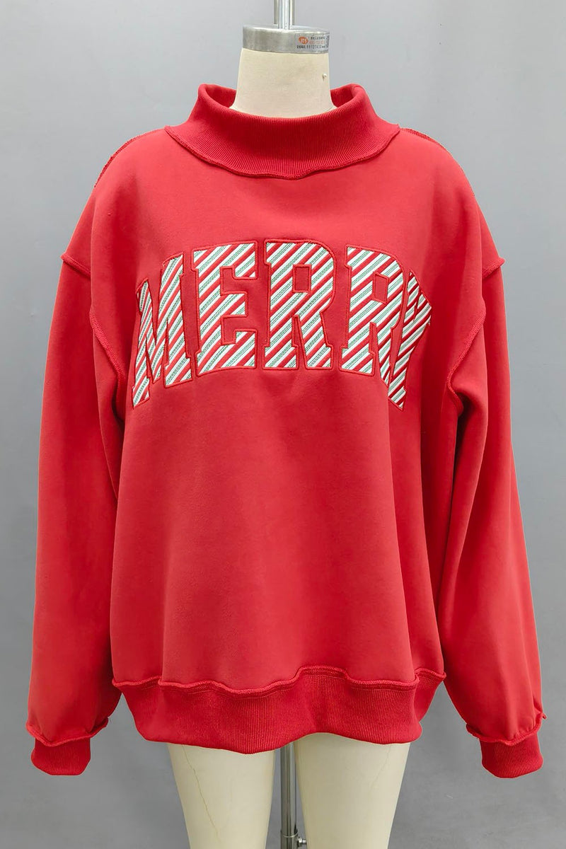 Red Embroidered Merry Mock Neck Sweatshirt