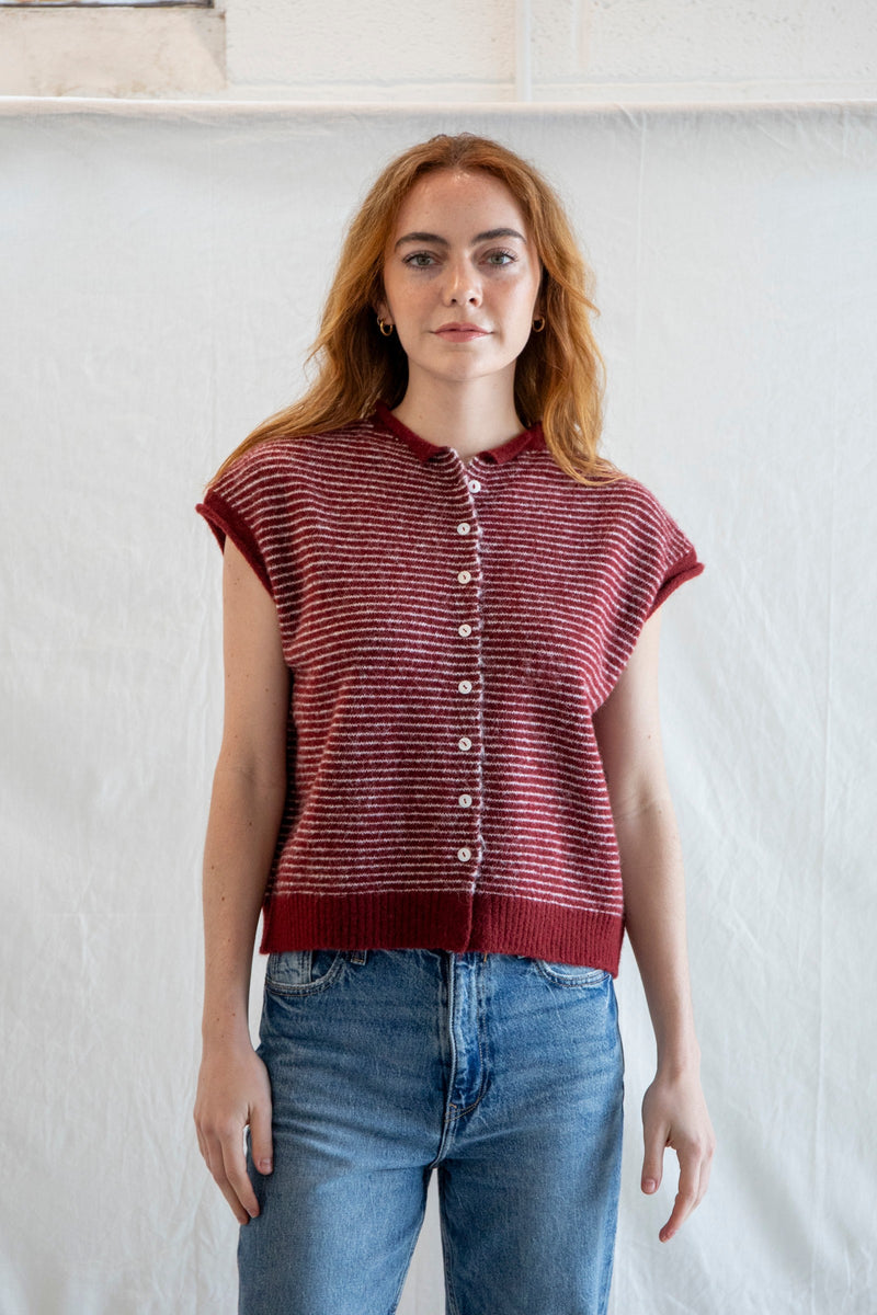 Red Striped Soft Knit Button Down Vest