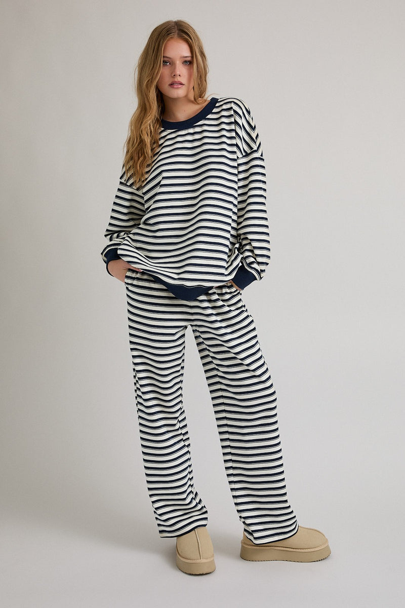 Navy Blue and White Striped Sweatshirt and Pants Set