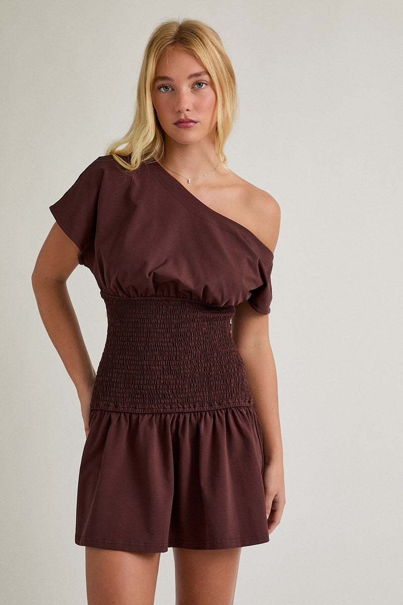 Brown Smocked Waist Mini Dress