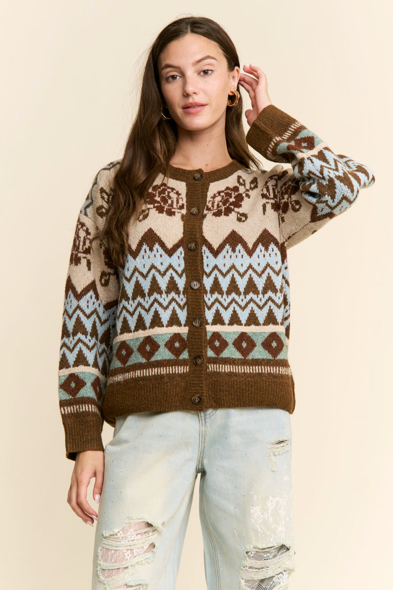 Brown Vintage Fair Isle Pattern Cardigan